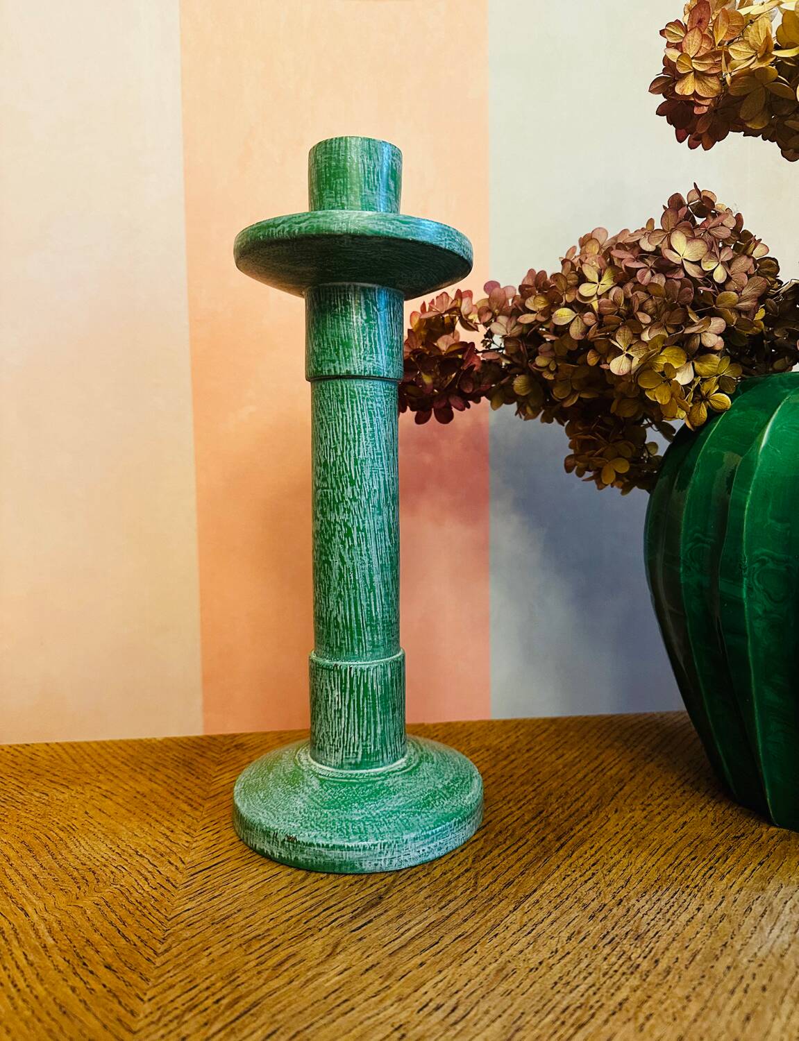 Vintage green wooden candle holder