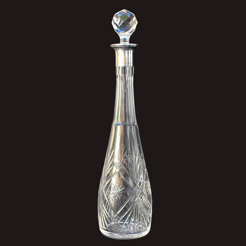Carafe with antique glass liquor with diamond cap cut crystal silver frame