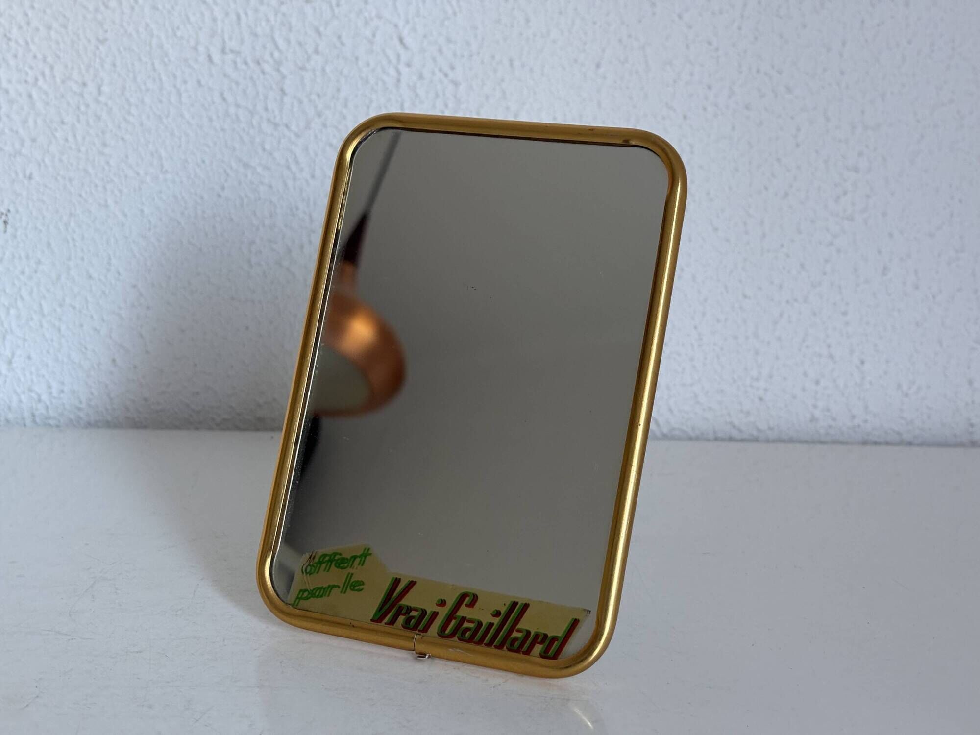 Vintage 1960 barber mirror, shaving or travel, gold and blue - 16 x 11 cm