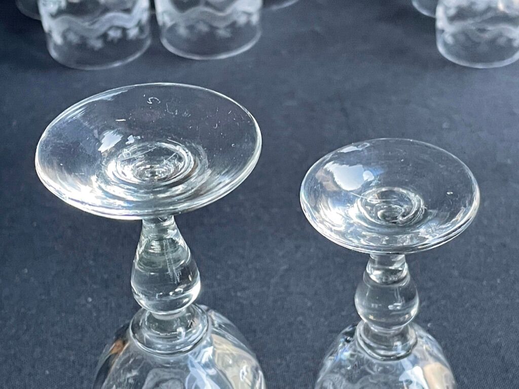 14 Meisenthal blown and engraved digestive glasses