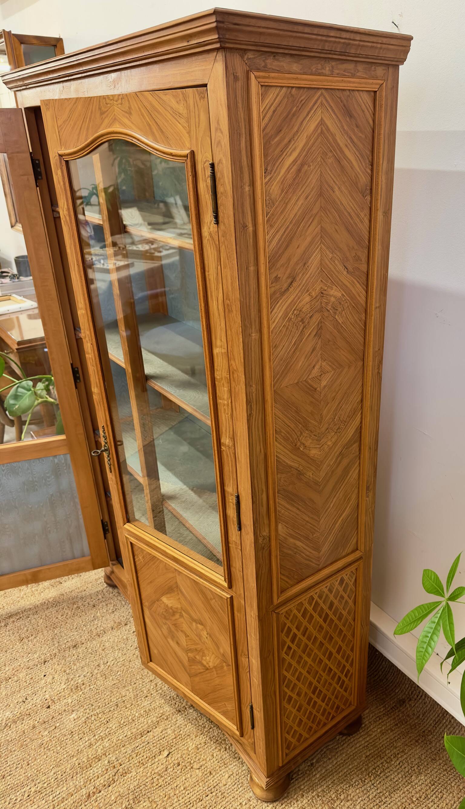 Antique marquetry wooden display cabinet