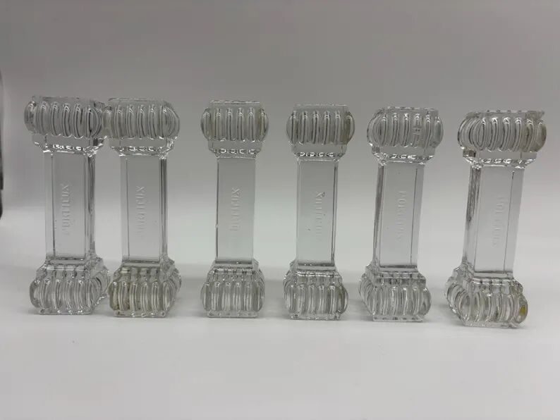 6 Portieux Art Deco knife rests in transparent moulded glass, French glassware from the 1930s.
