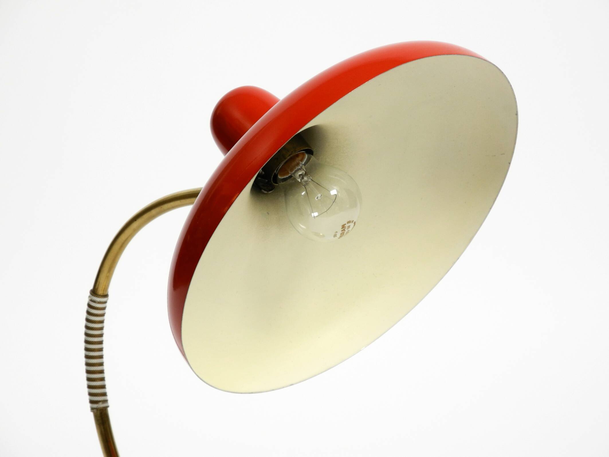 Beautiful large Mid Century Modern brass table lamp with red metal shade