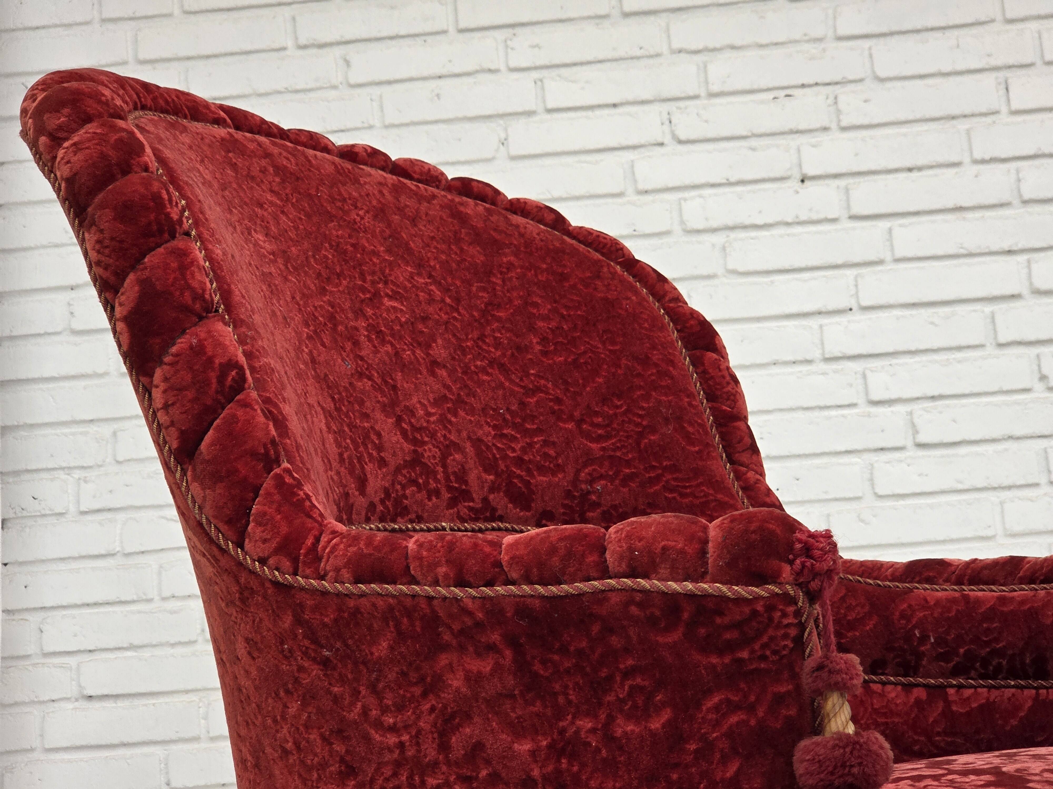 1950s, Danish highback armchair, furniture velour, beech wood legs.