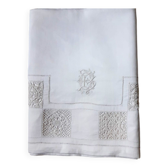 nappe de cérémonie 19 ème monogrammée « GB » 2m25 x 2m55