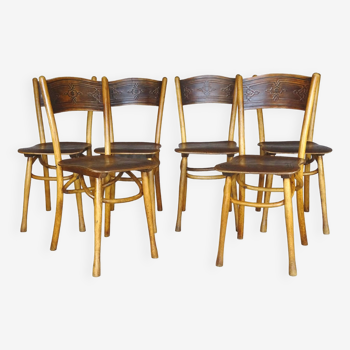 Set of 6 bistro chairs by Kohn with thermoformed seats, 1910