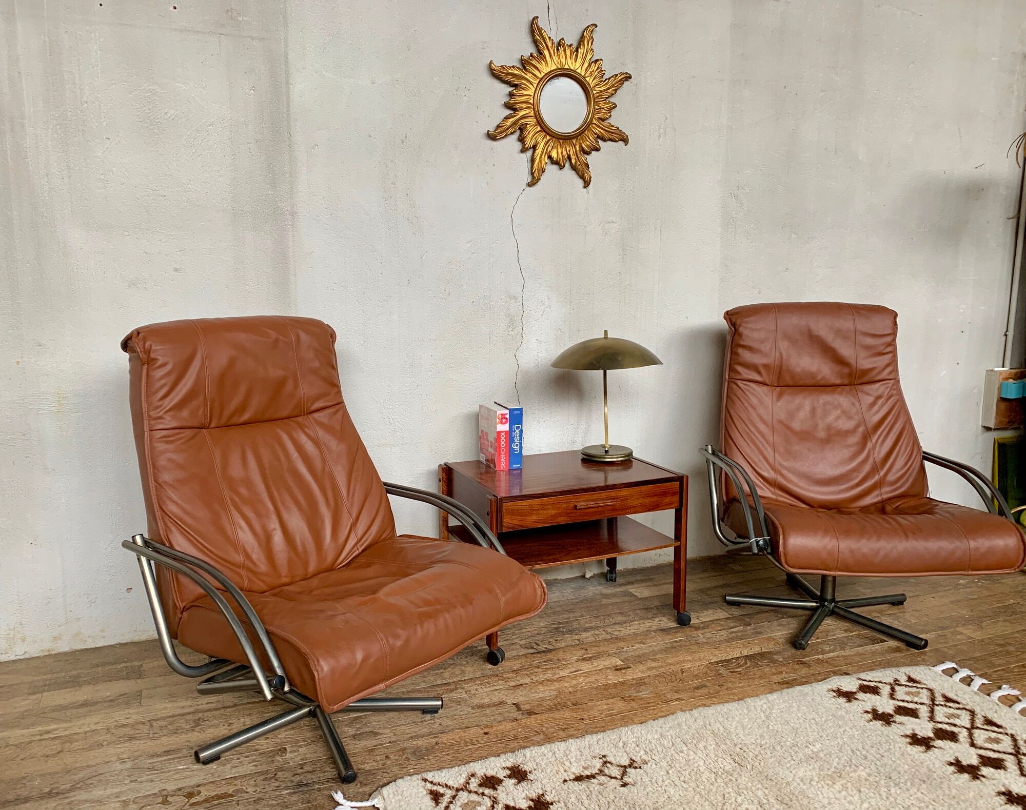 Pair of Scandinavian leather relax vintage armchairs brand Kebe