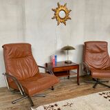 Pair of Scandinavian leather relax vintage armchairs brand Kebe