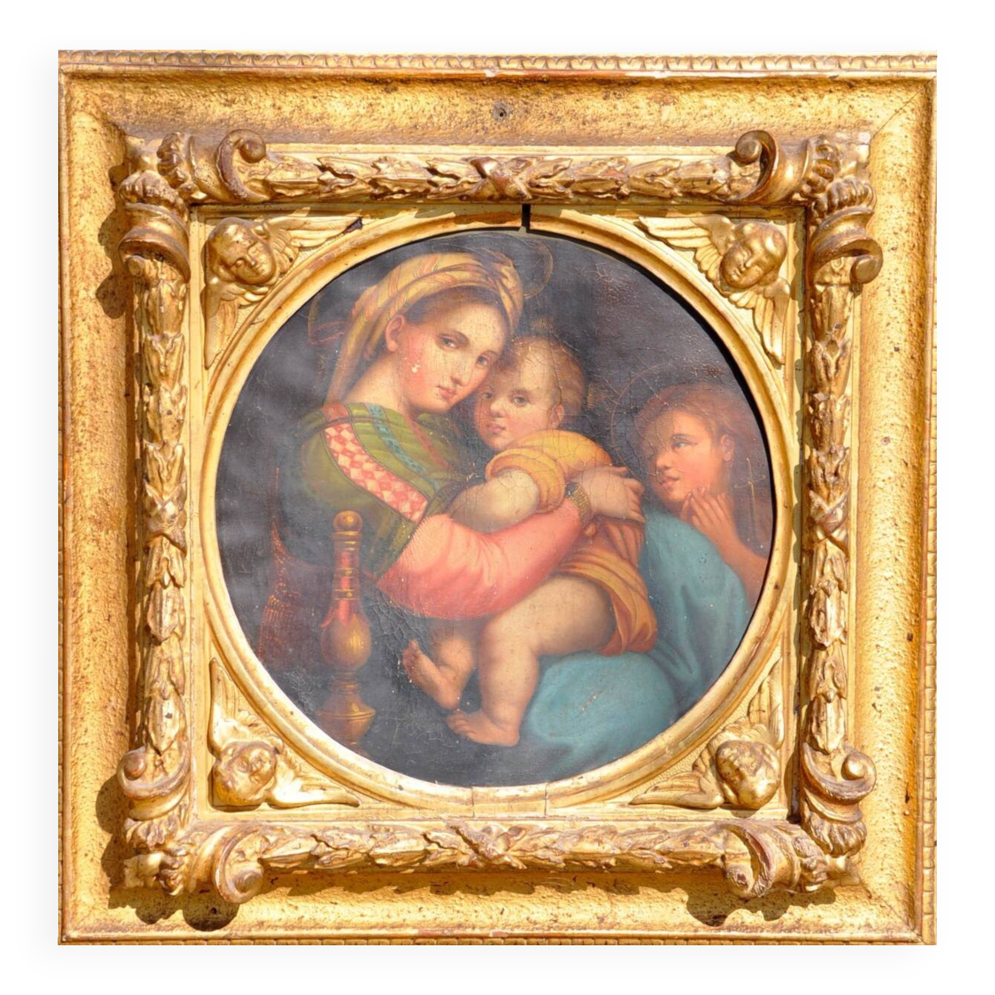 Raphael: "Mother and Child". 19th-century copy, beautiful gilt frame