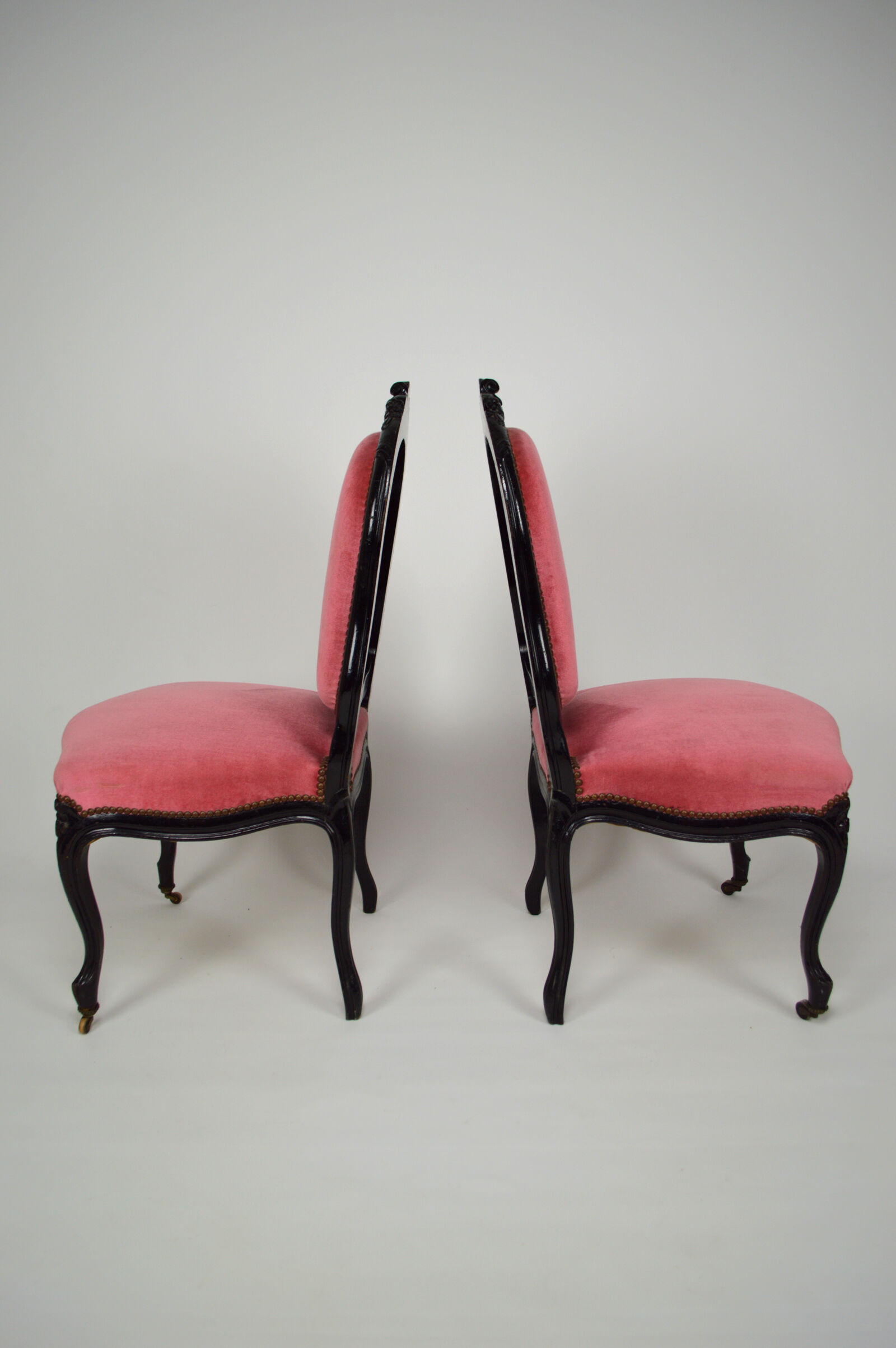 Napoleon III chairs in blackened wood and pink velvet, France, circa 1870
