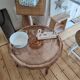 Vintage coffee table from the 1960s – Rattan top with a sunburst pattern
