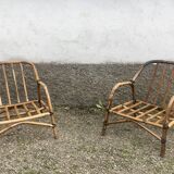 Paire de fauteuil en rotin et sa table ovale vintage
