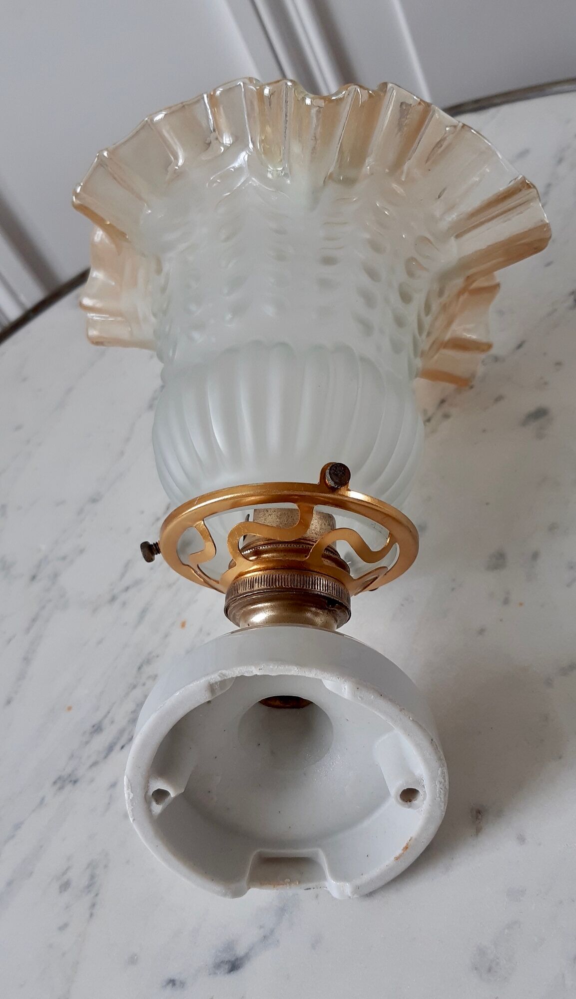Glass tulip bathroom wall lamp and white porcelain base early XXth