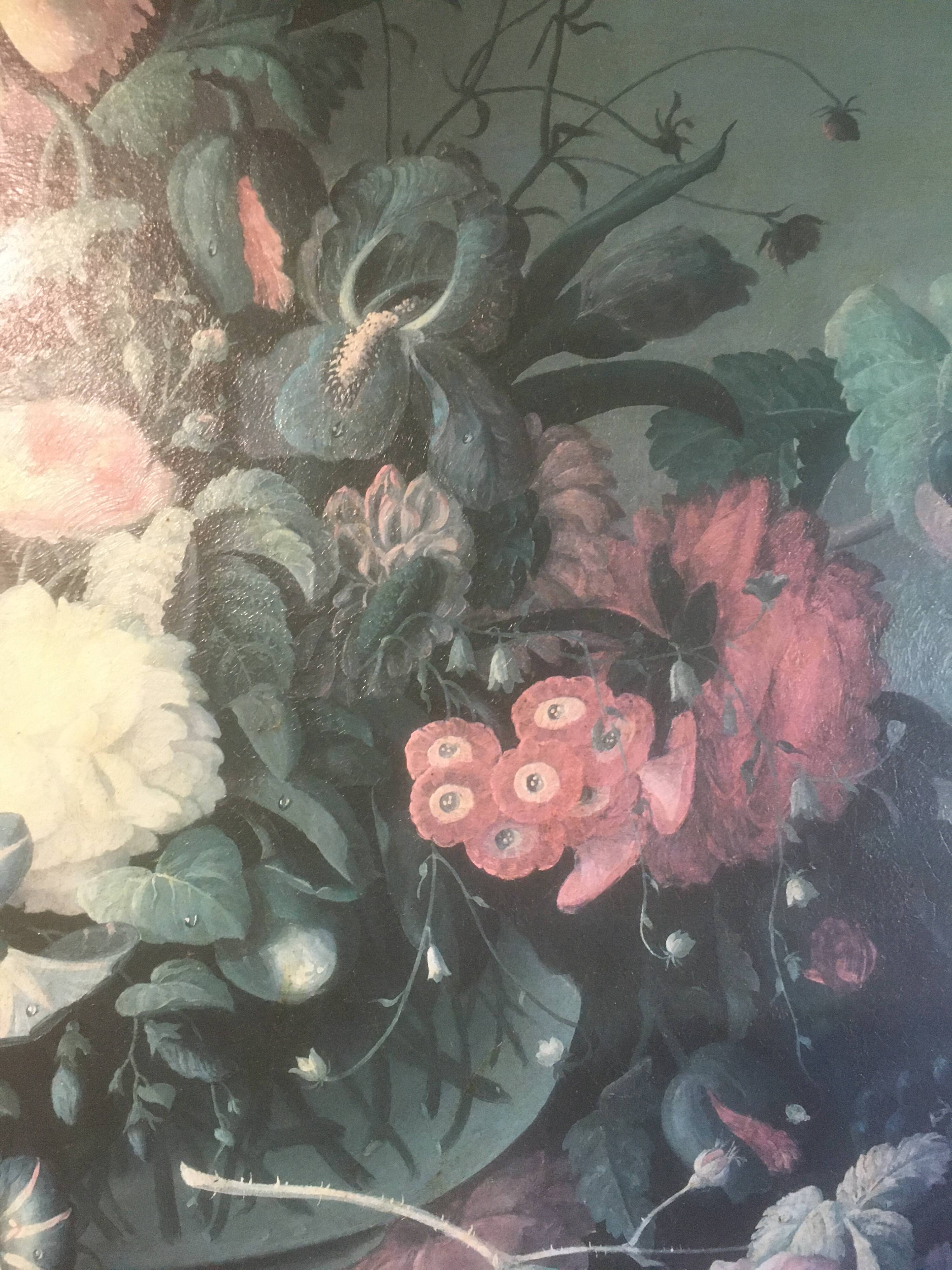 Bouquet of flowers and fruits on table, composition on canvas 100x120