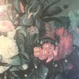 Bouquet of flowers and fruits on table, composition on canvas 100x120