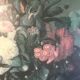 Bouquet fleurs et fruits sur table, composition sur toile 100x120