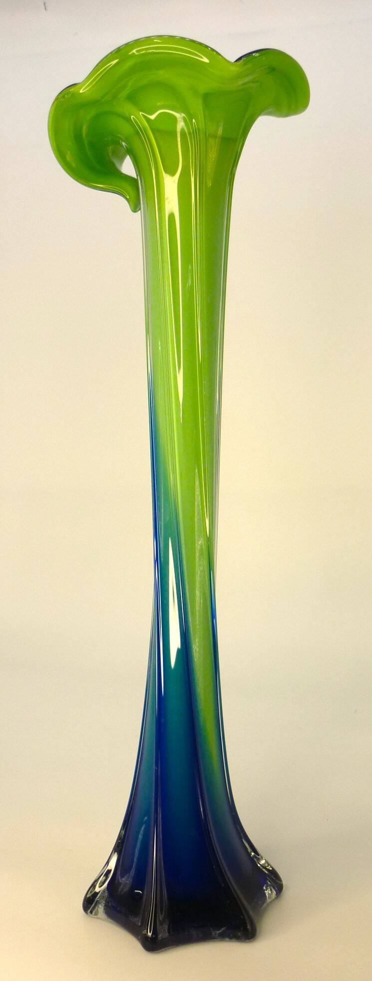 Vintage blown glass vase, twisted, blue and green, height: 39cm