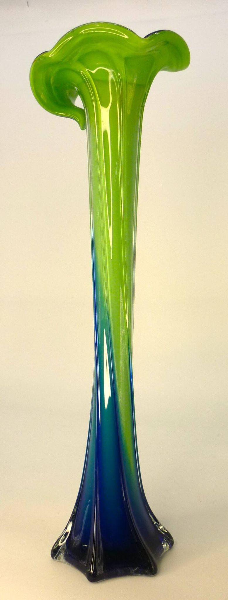 Vintage blown glass vase, twisted, blue and green, height: 39cm