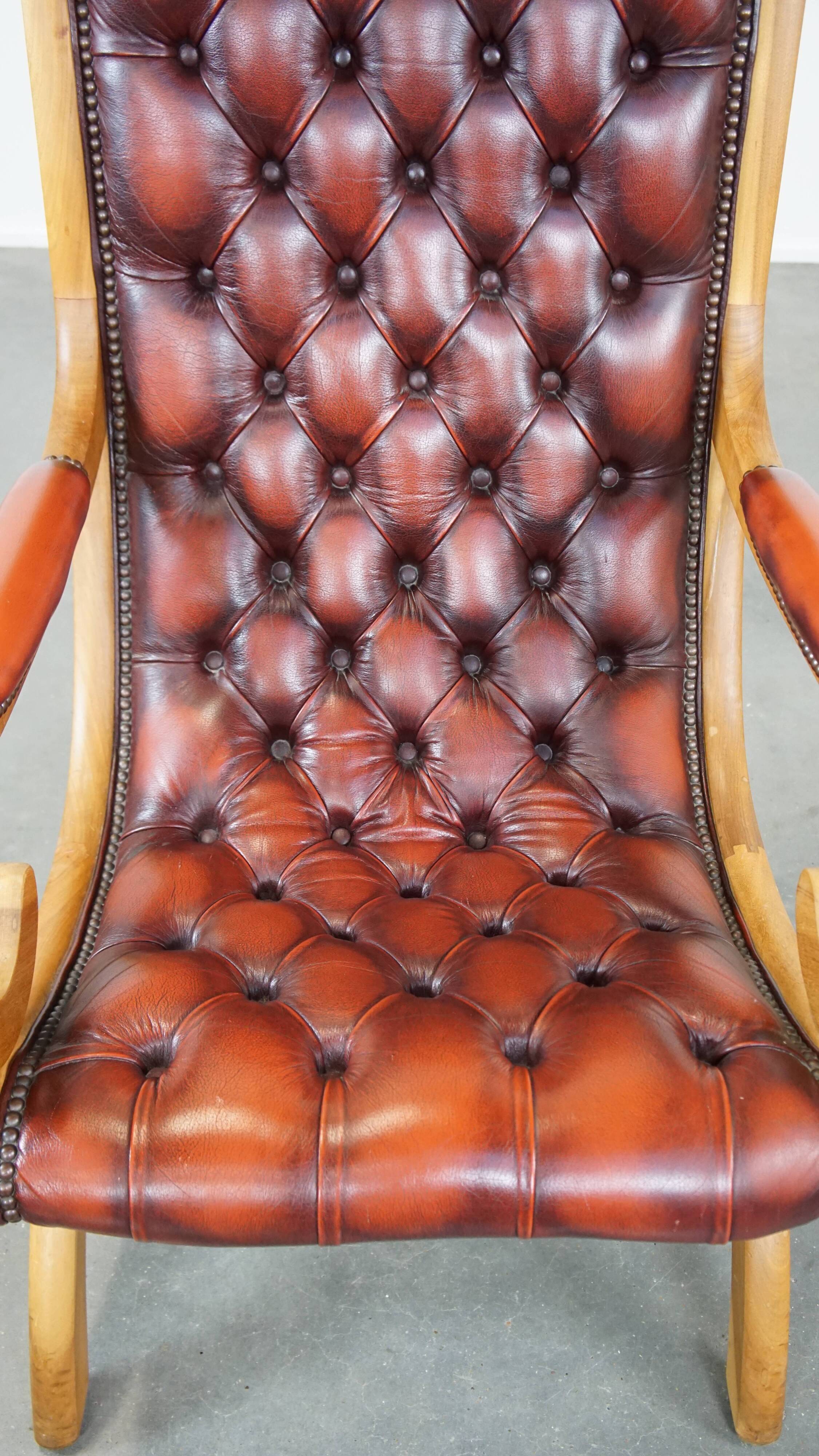 Red flame-grained English cow leather chesterfield armchair