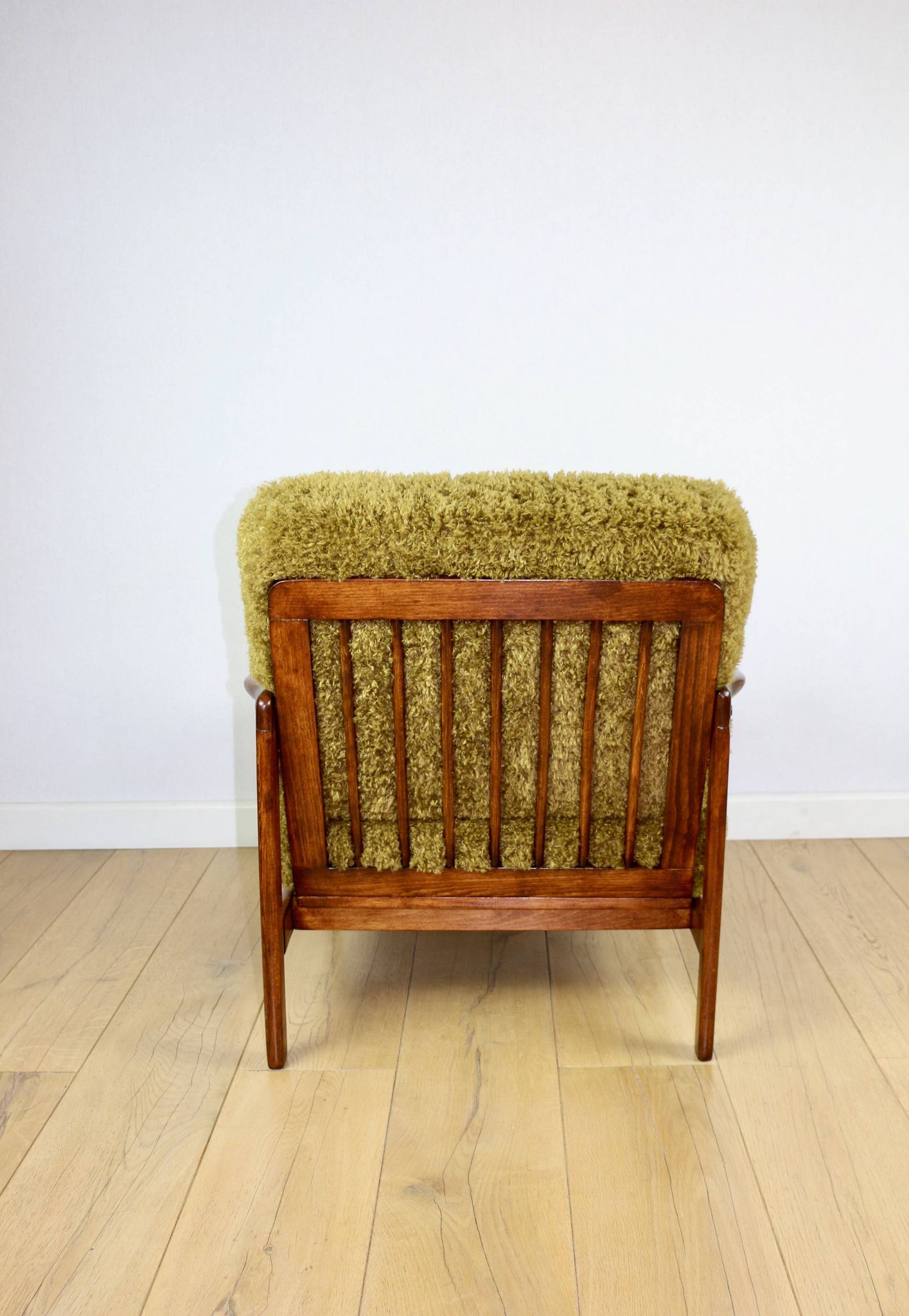 Wooden vintage brown armchair Khaki / Olive long hair Fox by Z. Bączyk - 2 pieces available