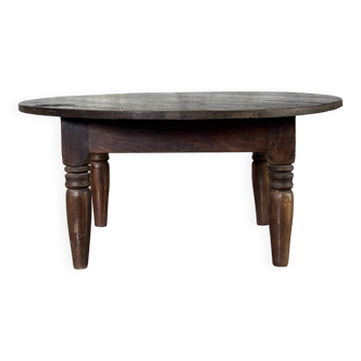 Table basse ronde ancienne en teck indonésienne pieds droits