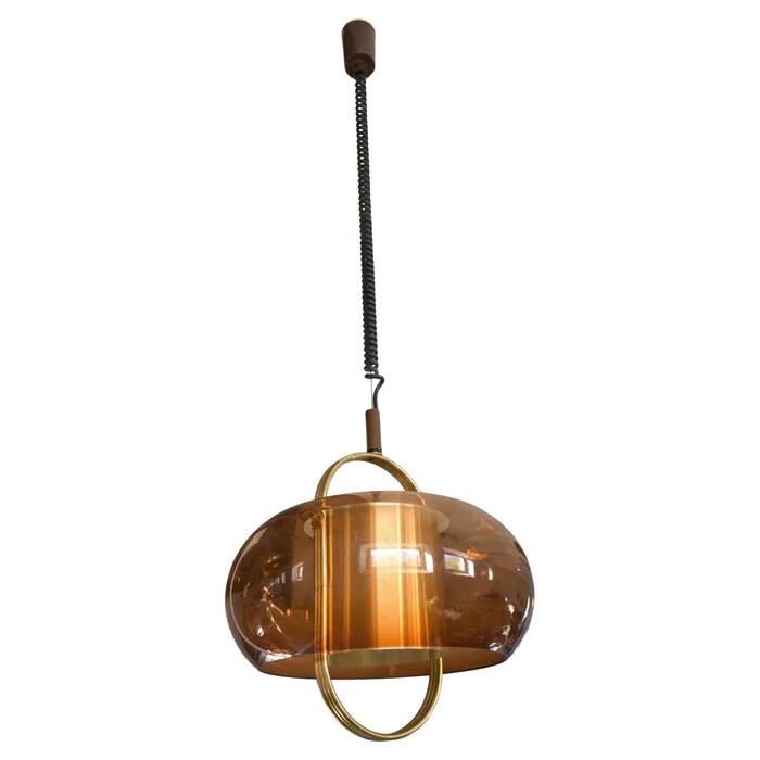 Brass and smoked glass pendant lamp by Temde, Germany 1970s