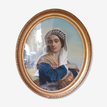 Pastel of an Italian woman returning from the market