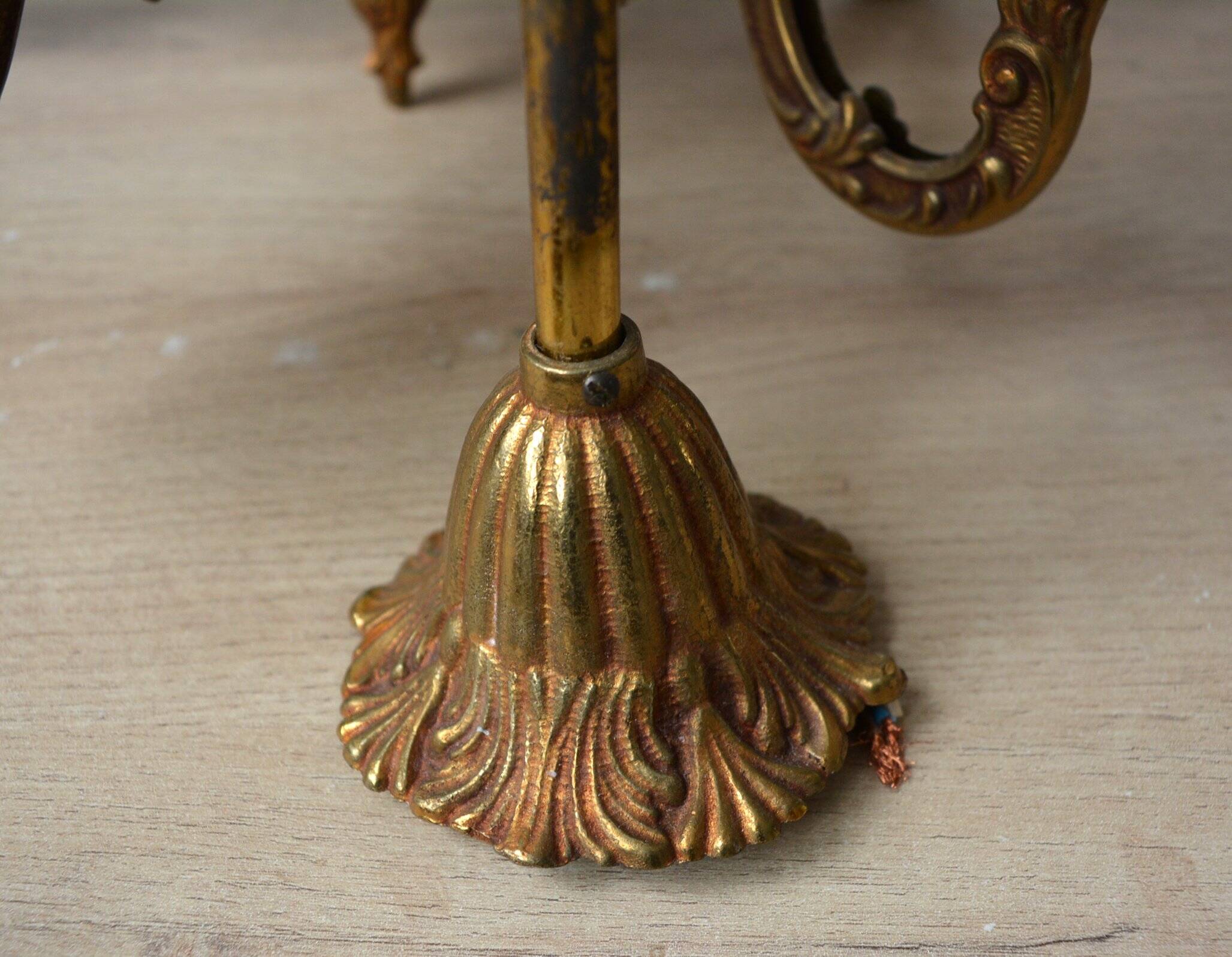 Lustre bronze, 5 abat-jours toile de Jouy