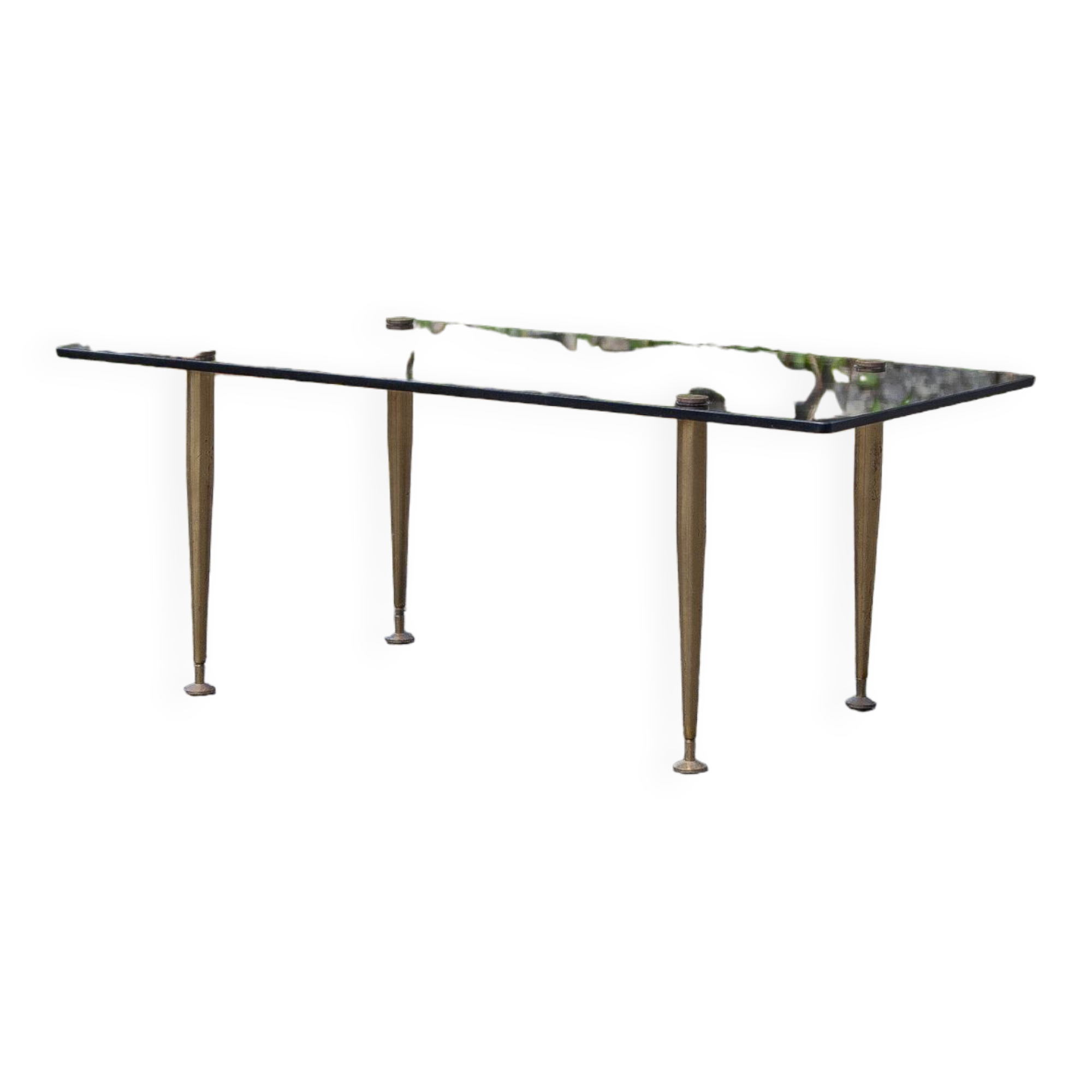 Smoked glass coffee table with adjustable brass legs, end of sofa, 70s table