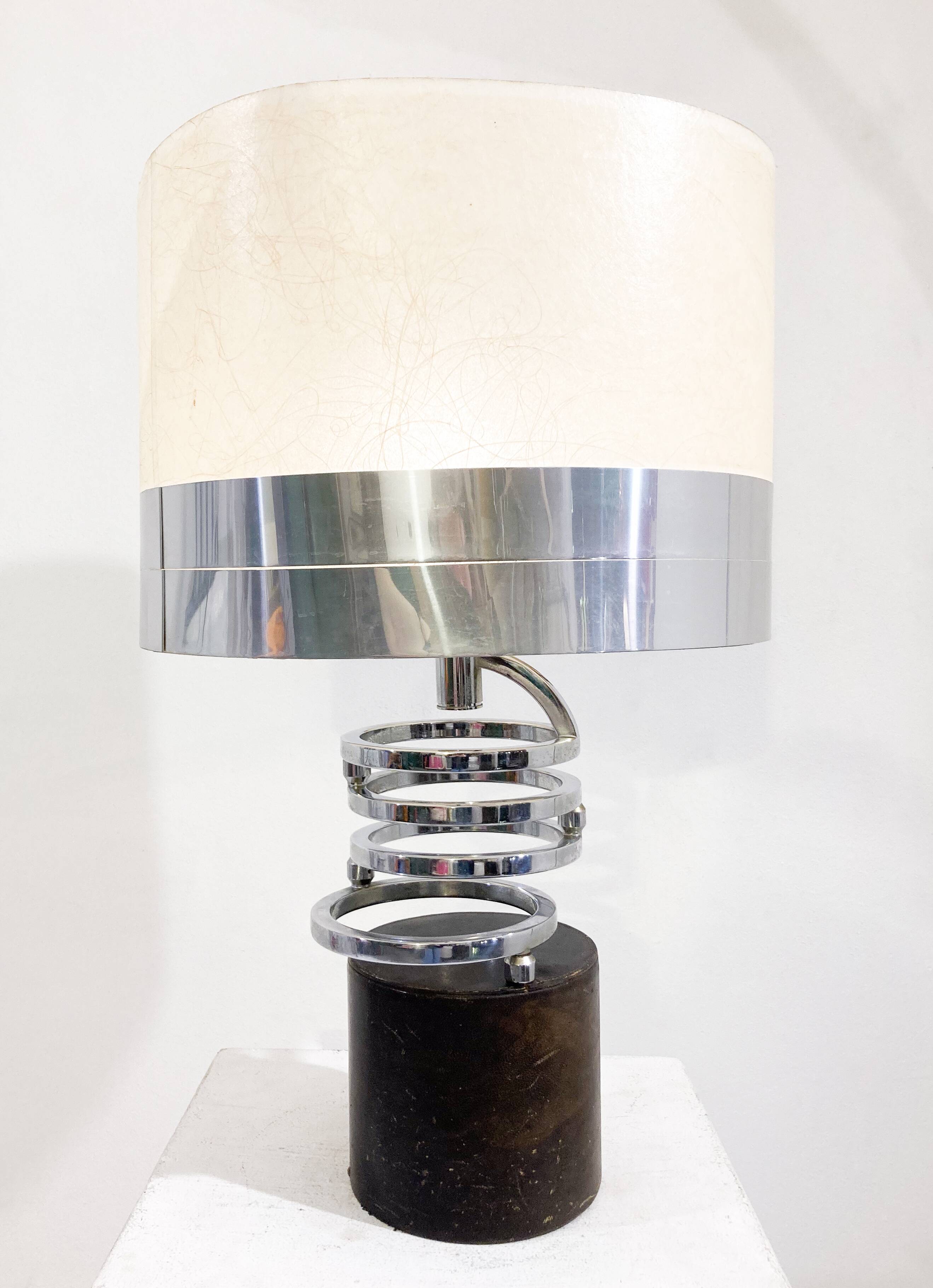 Table lamp in metal and leather, mid-20th century