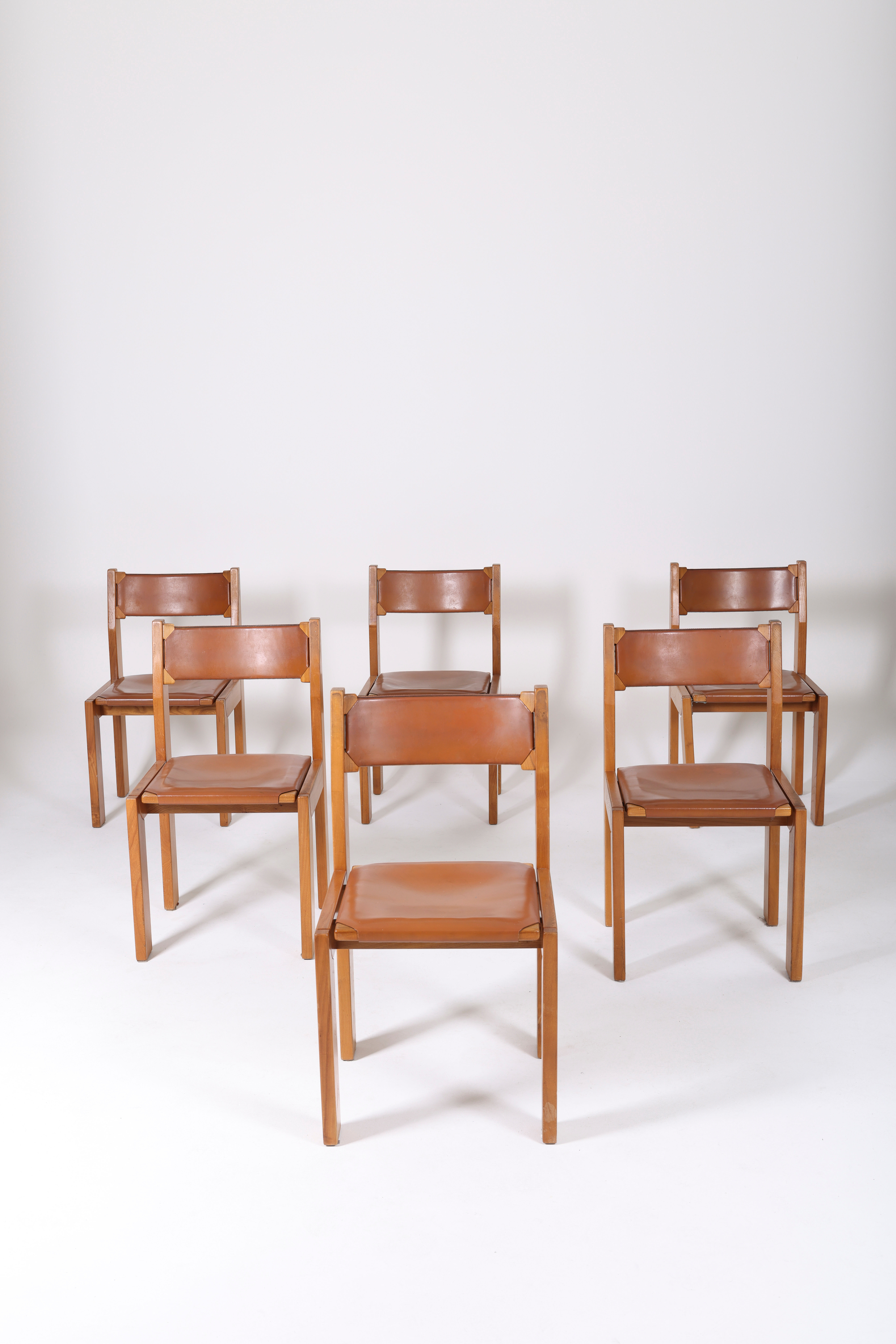 Chaises marron en cuir et bois, 1970s