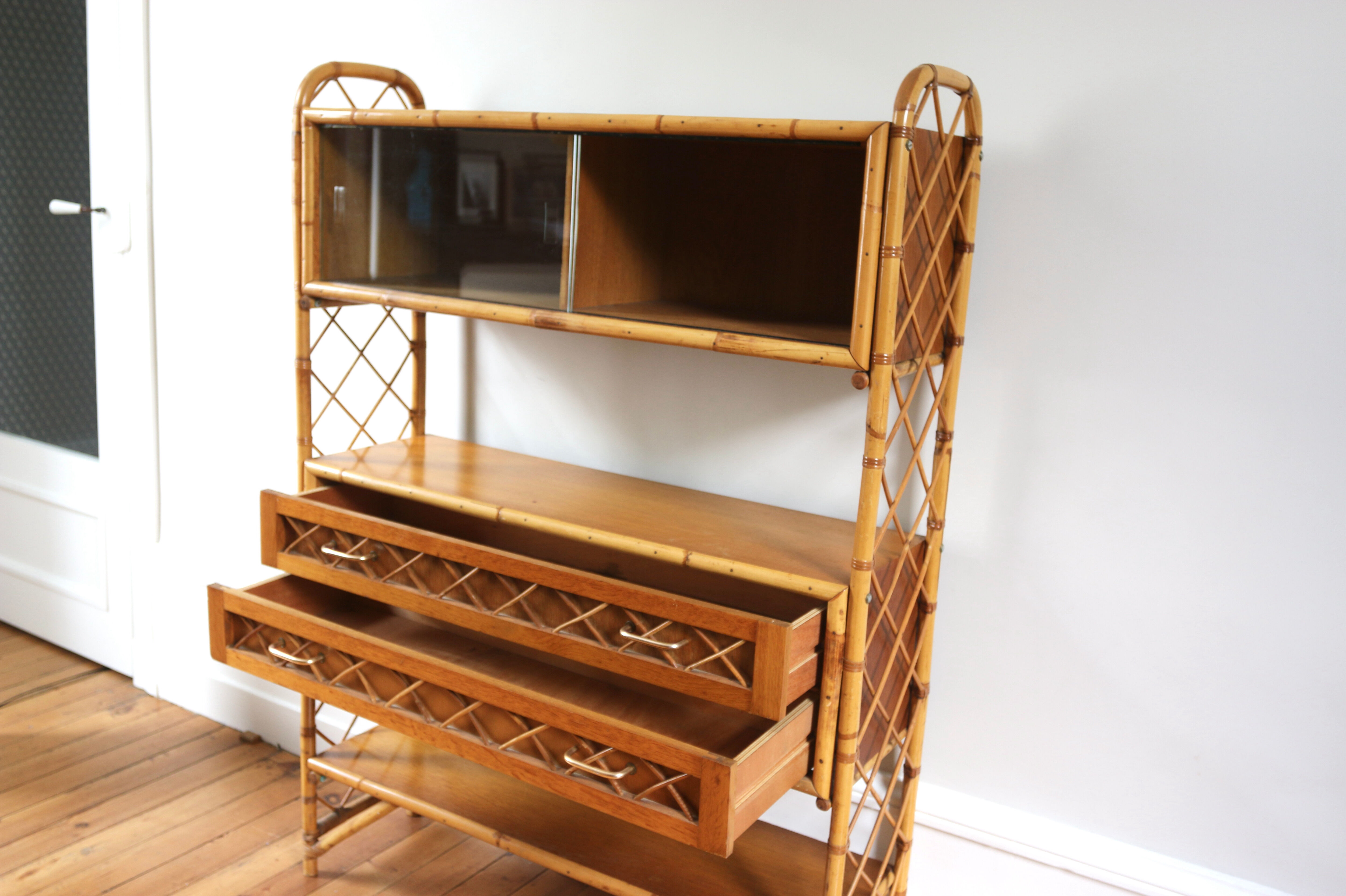 Vintage rattan bookcase Louis Sognot 60s