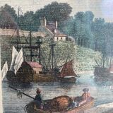Gravure ancienne, vue du port de Morlaix , XX siècle