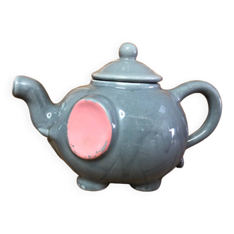 Old teapot elephant shape gray & pink ceramic vintage #a472