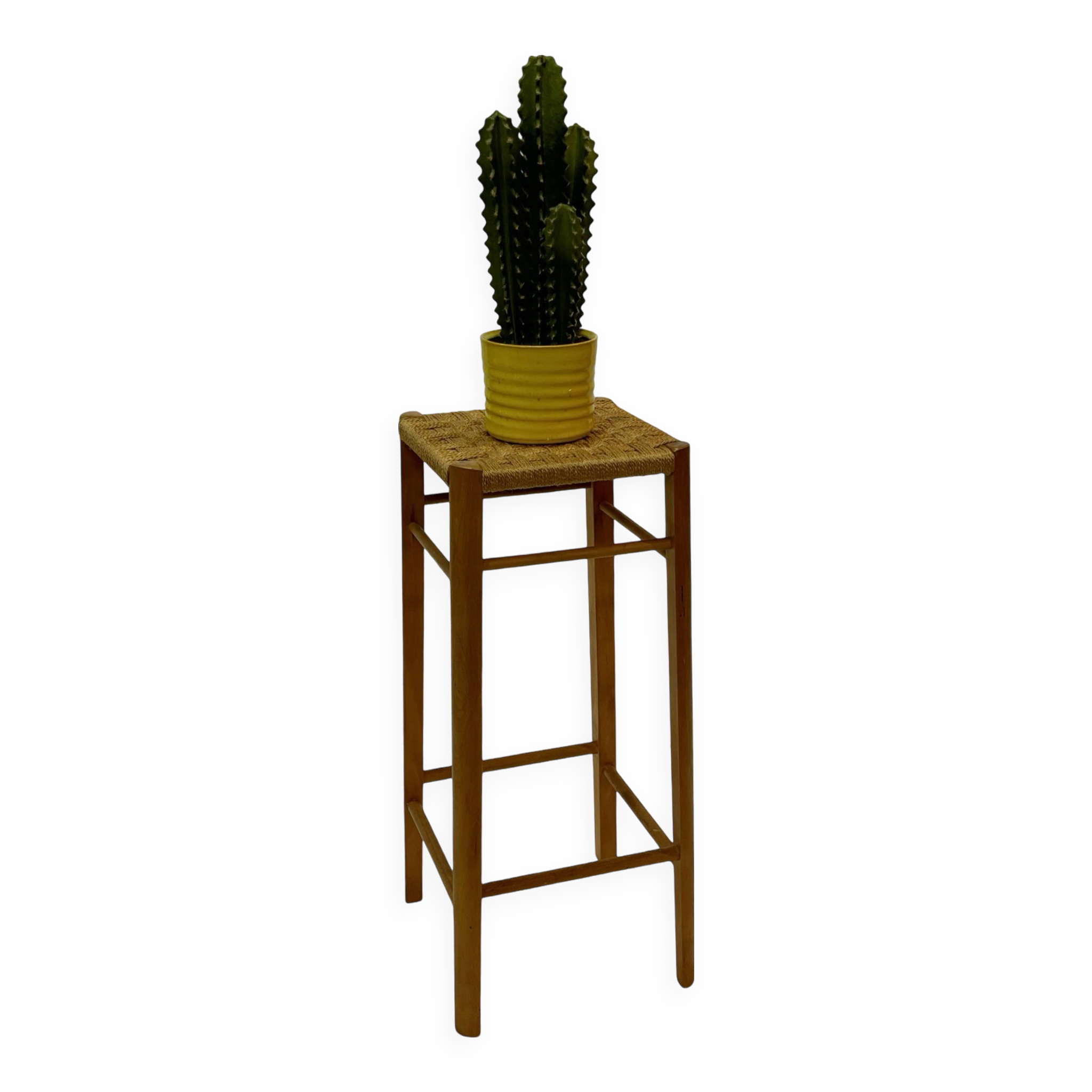 Tabouret vintage années 60 en chêne avec assise tressée