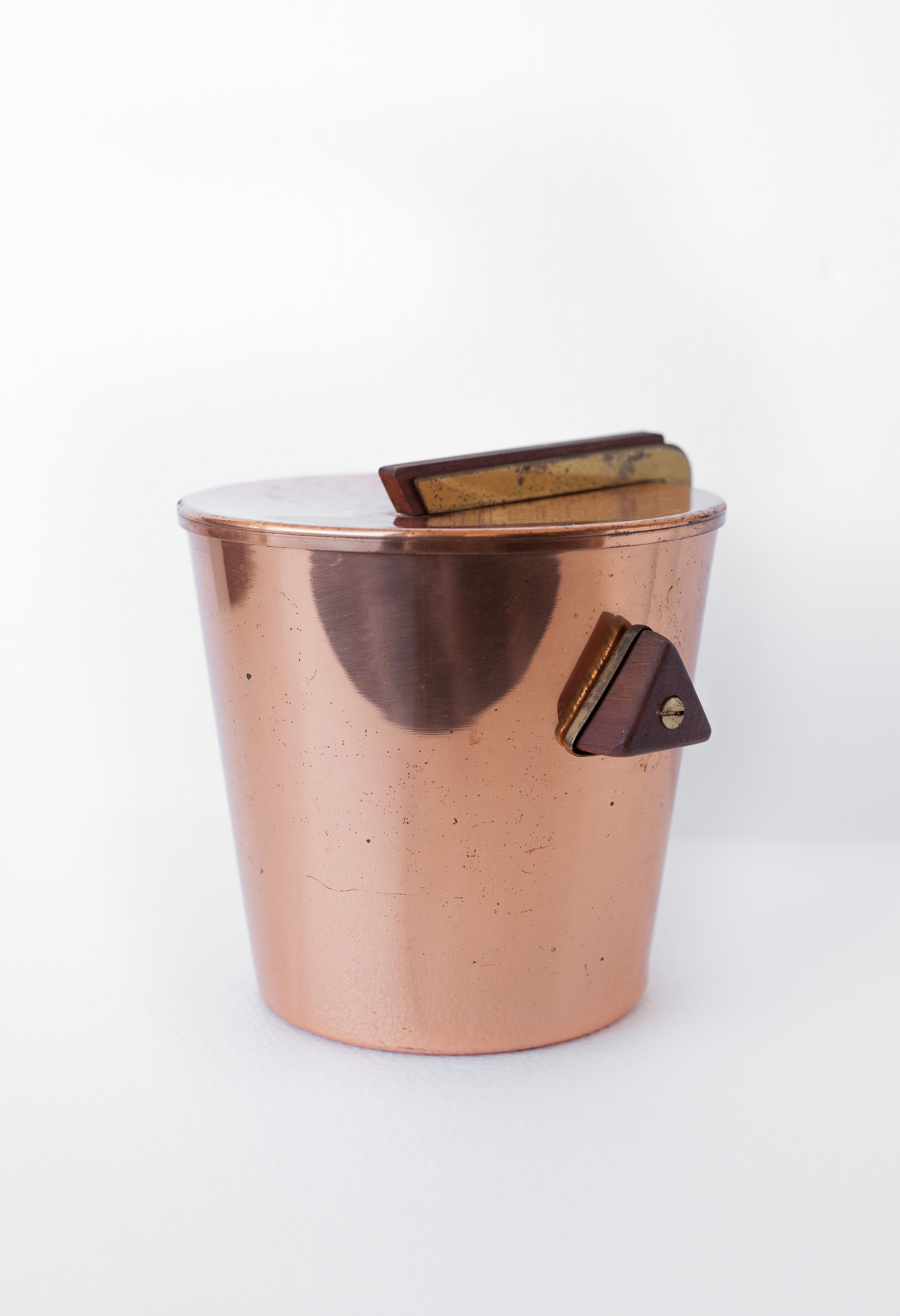 vintage ice bucket, copper ice bucket, wood handles, cooler, cooler