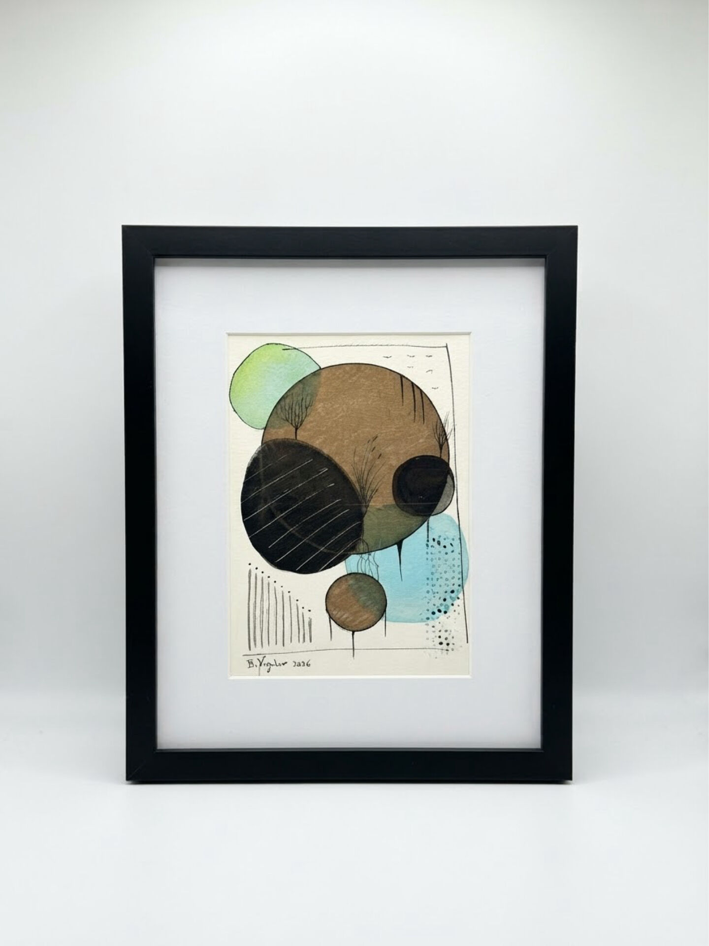 Dessin abstrait original encadré, technique mixte - Bertrand Mugabure