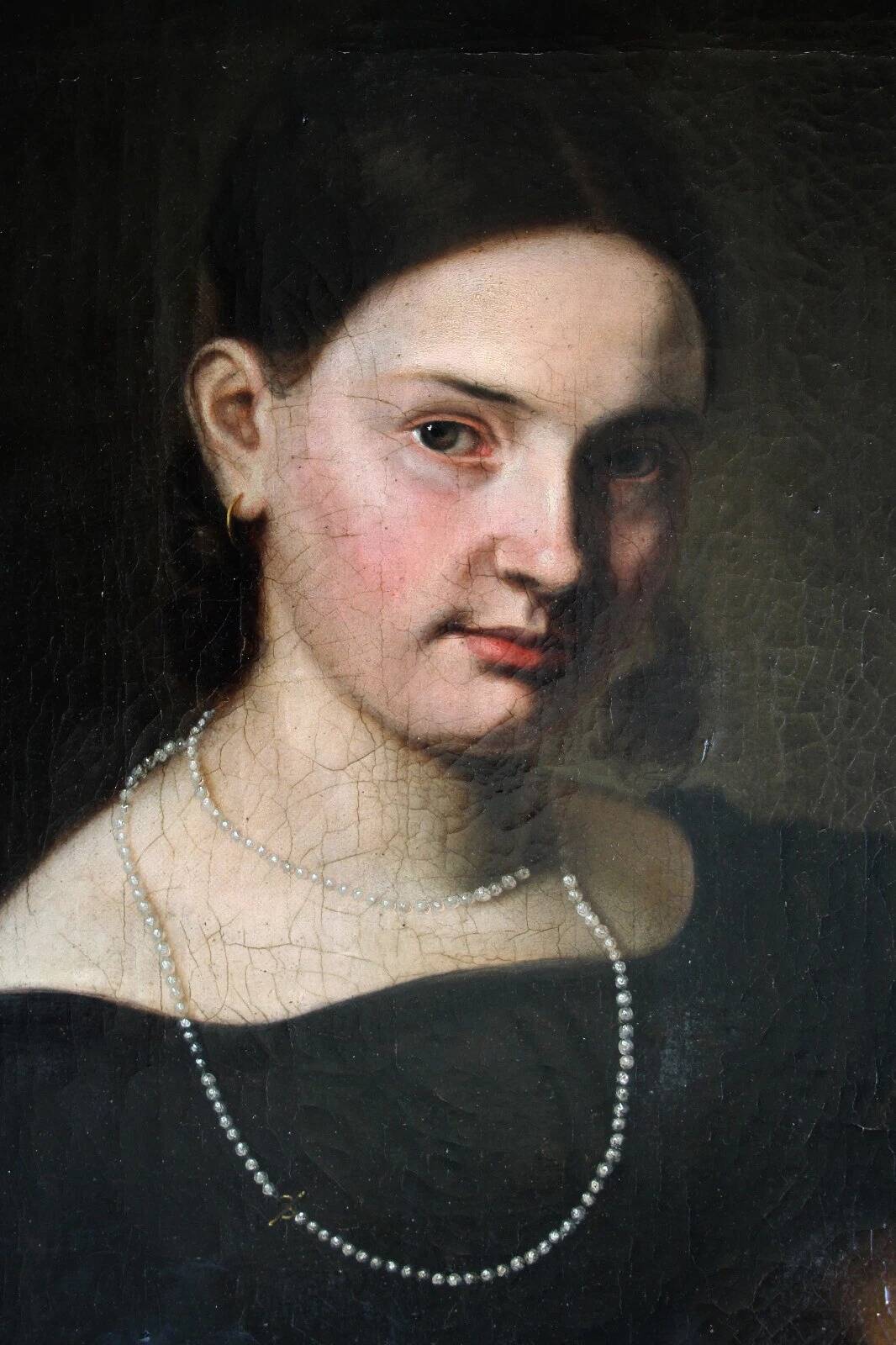 19th Century Oil Painting Portrait Young Lady   Wearing Pearl