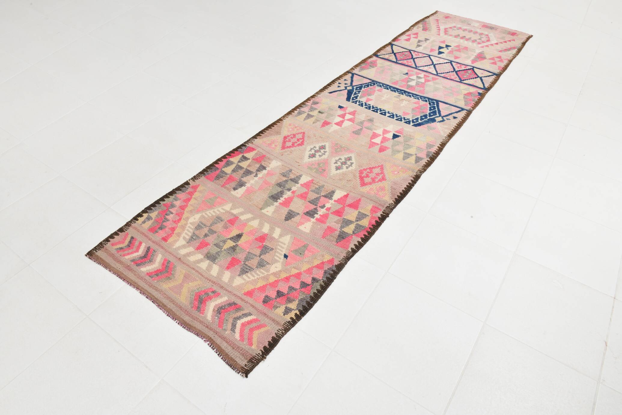 Pink & Navy Blue. Turkish Runner Rug, 90x350Cm