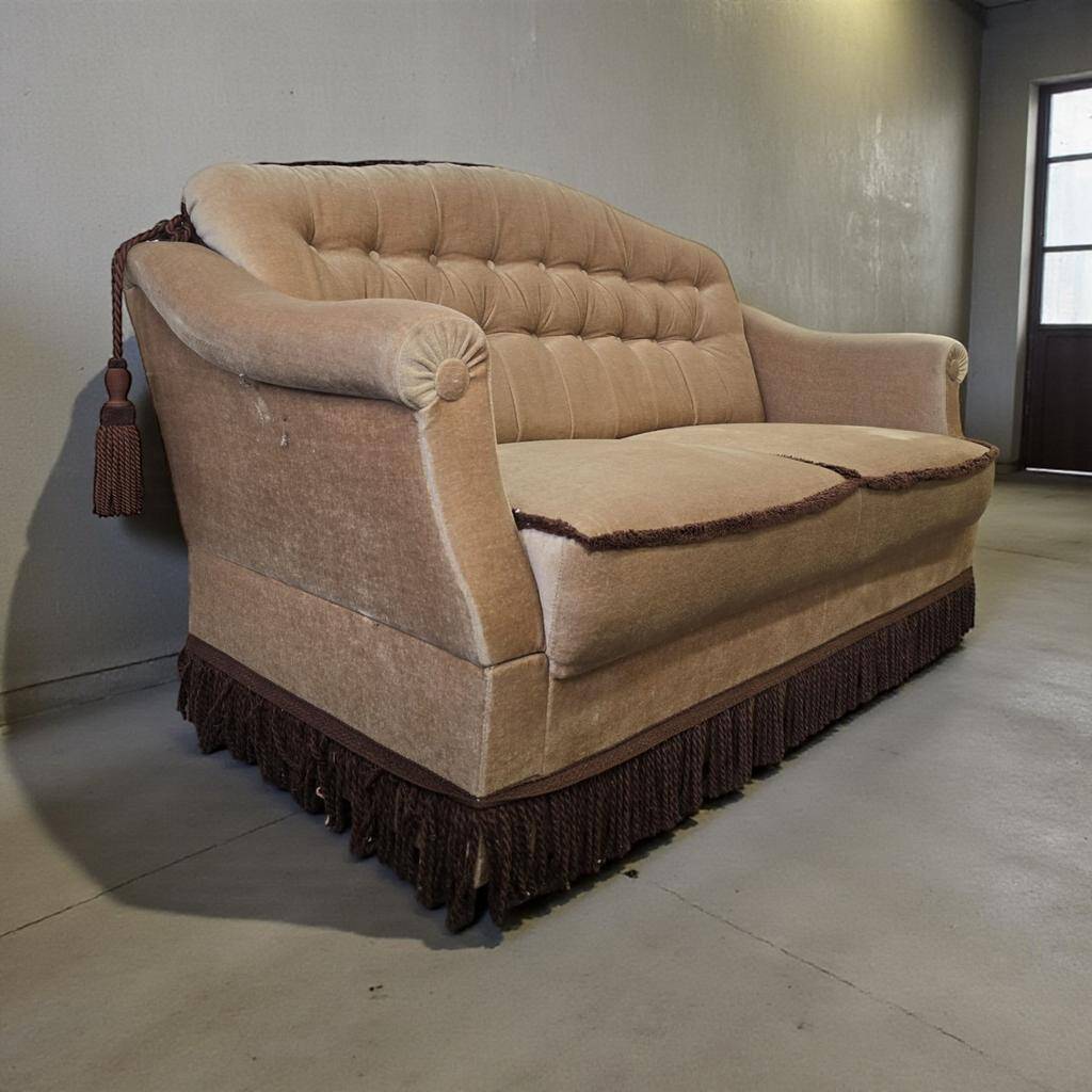 Vintage beige two-seater canapé with fringes.