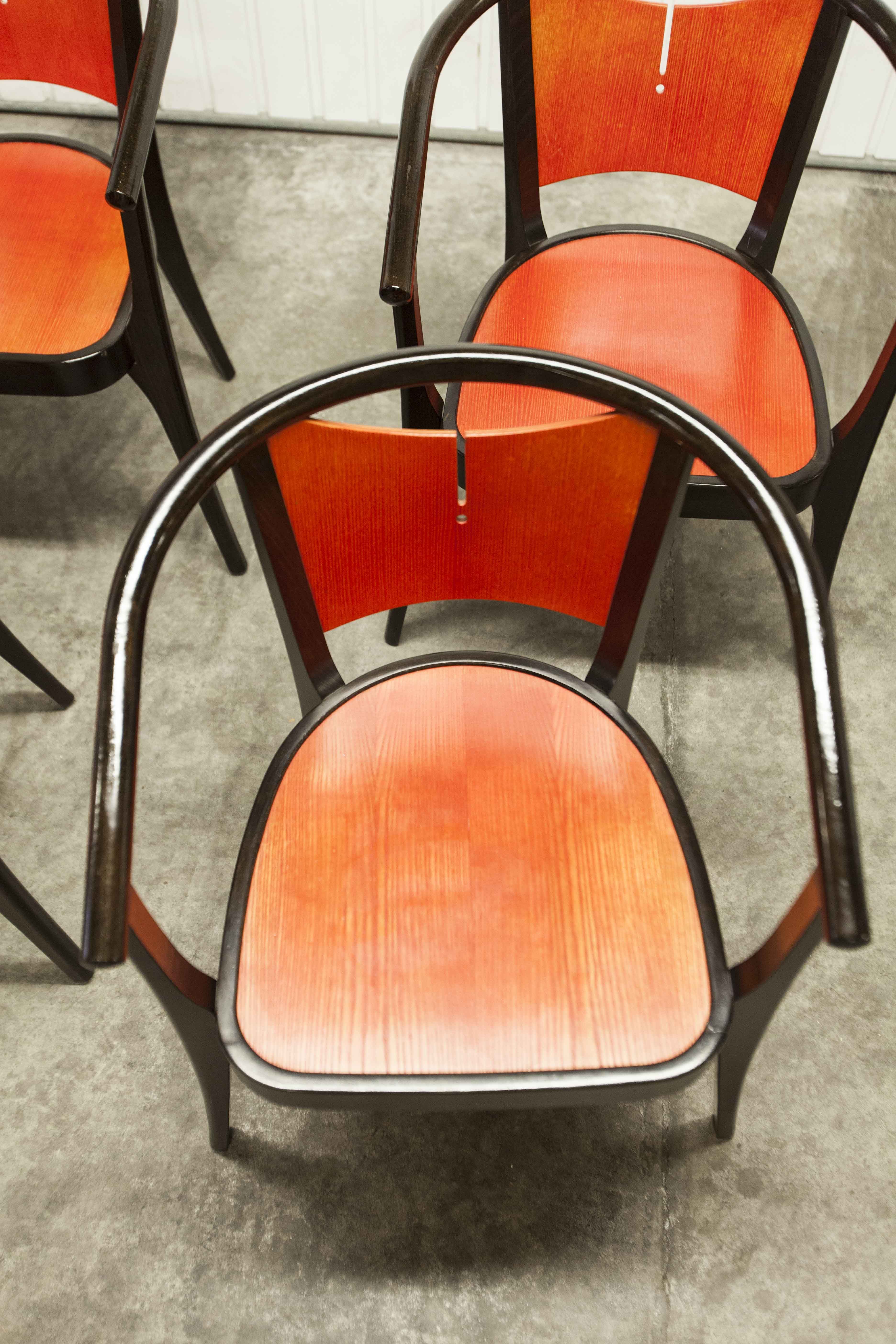 Table and 6 armchairs Baumann Diese, design Pagnon Pelhaître, Wenge color and red,