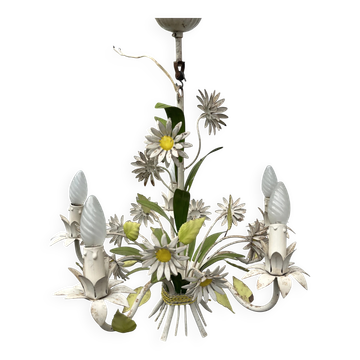 Lustre ancien en tôle peinte - Décor floral marguerites et feuillage