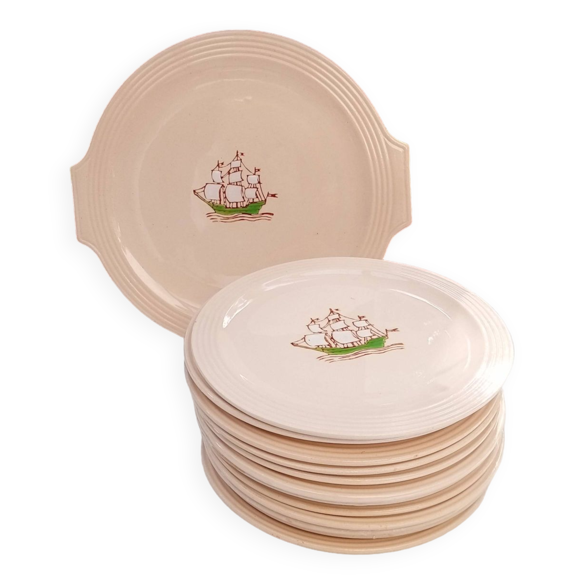 Set of 12 dessert plates and Longwy dish