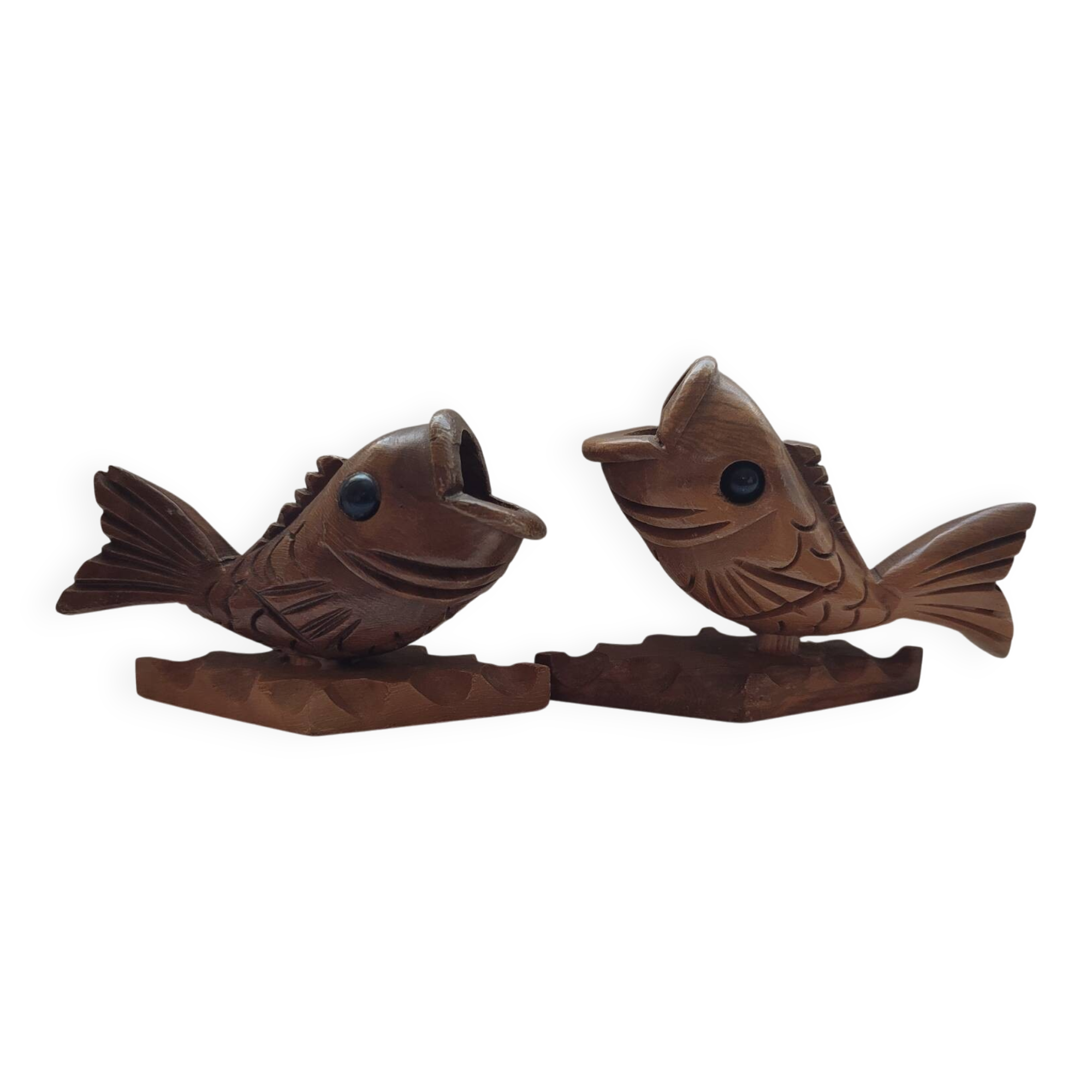 Duo de poissons porte-cure-dents vintage en bois sculpté