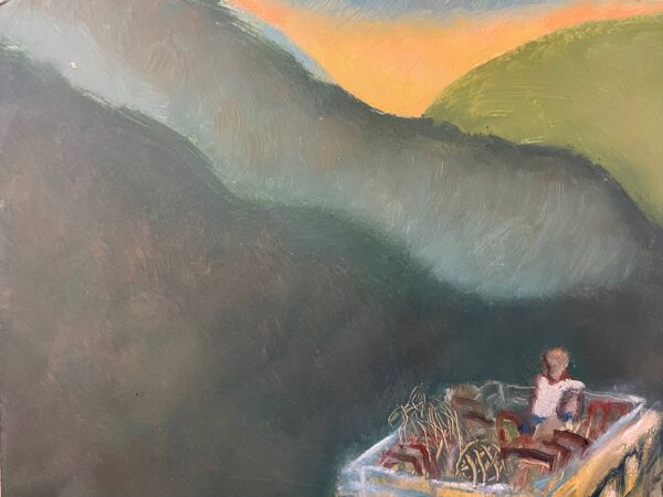 Tableau voyage personnage dans un bus, van XXe