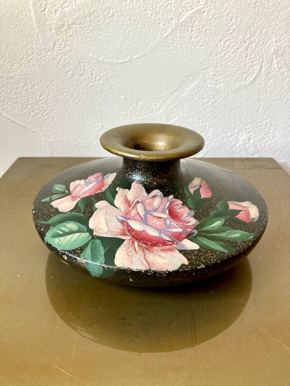 Painted terracotta vase signed with rose motifs, 1950s-1960s.