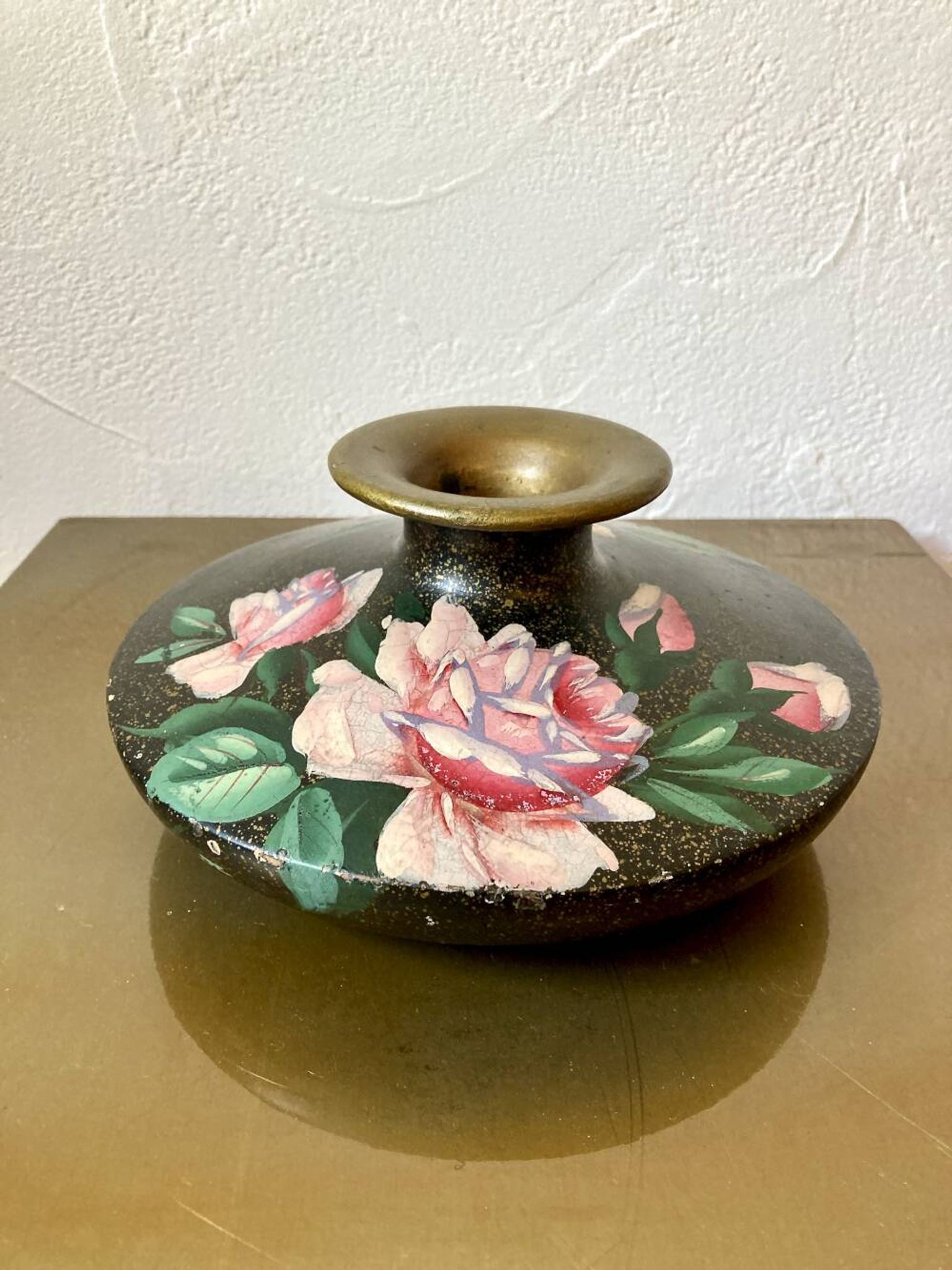Painted terracotta vase signed with rose motifs, 1950s-1960s.