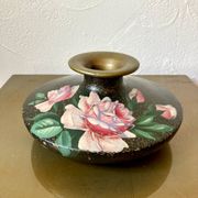 Painted terracotta vase signed with rose motifs, 1950s-1960s.