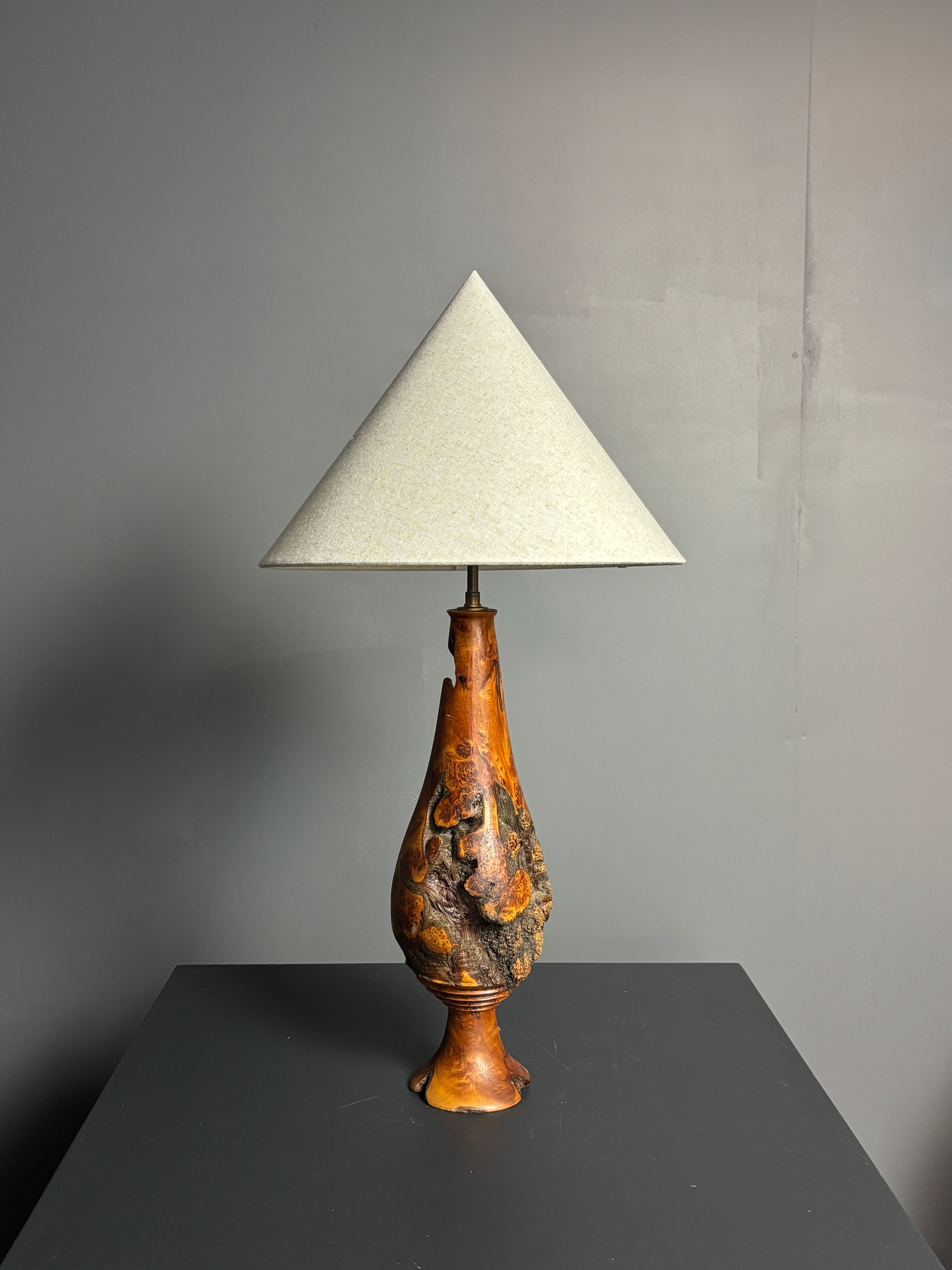 Sculptural artisanal brutalist midcentury burl wood turned table lamp 1960s