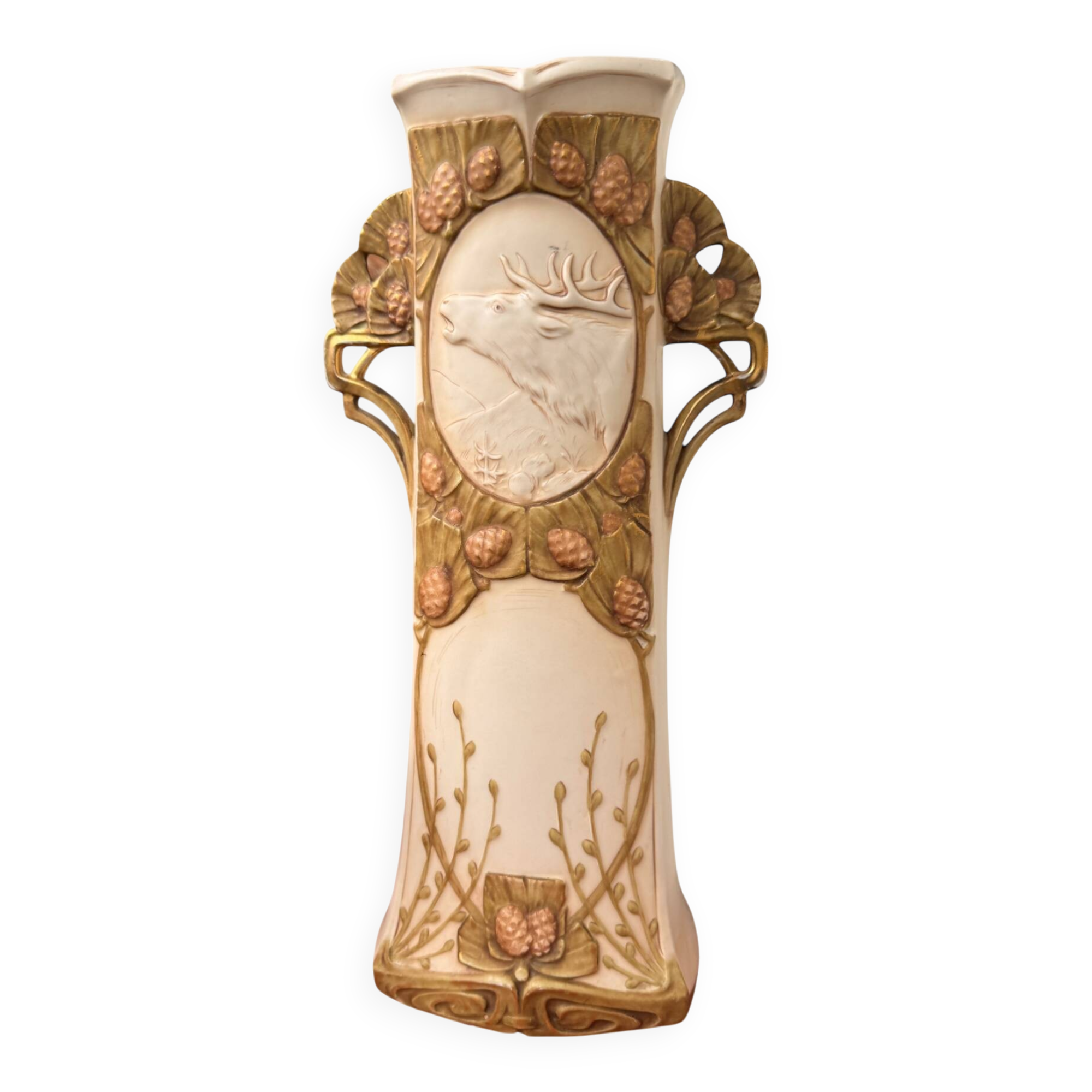 Art Nouveau vase Royal Dux Bohemia, sculpted deer, 1900s